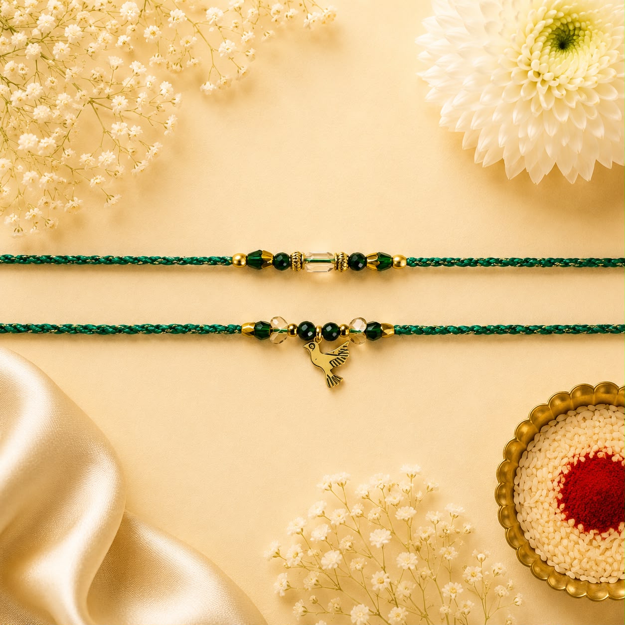 Green Crystal & Dove Charm Couple Rakhi Set