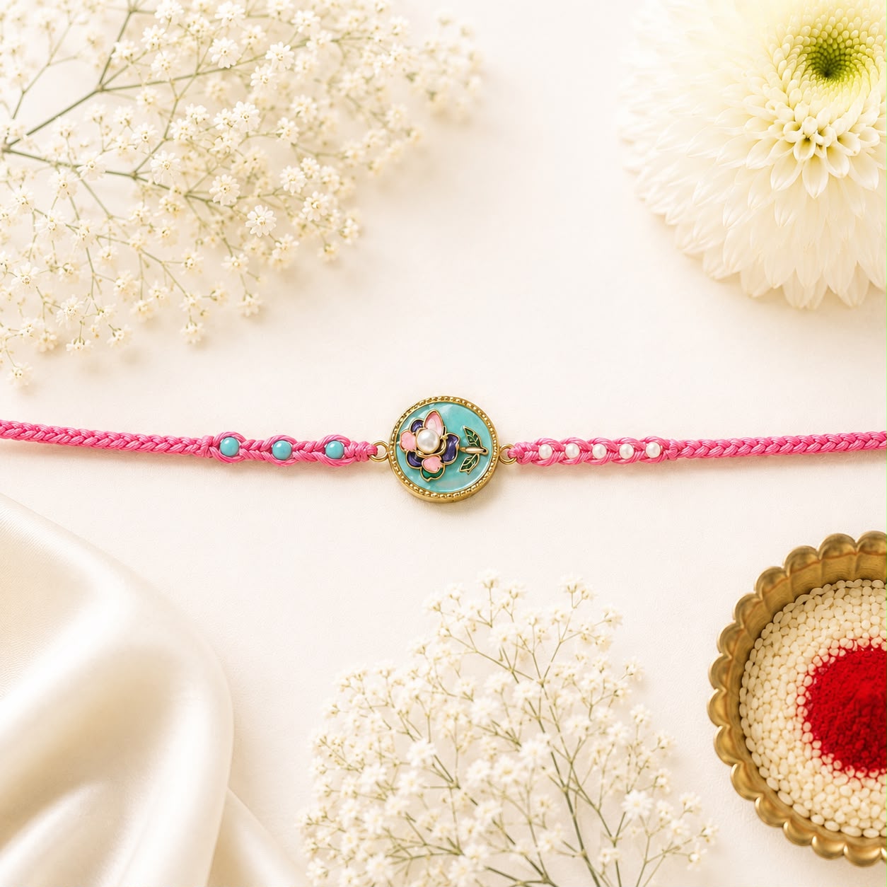 Bloom Pearl Floral Rakhi – Pink