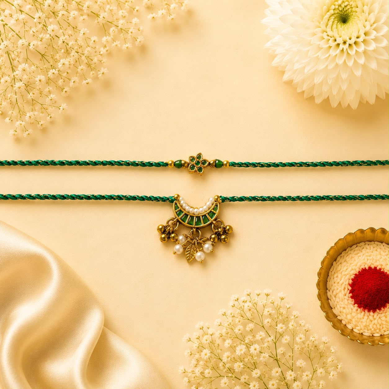 Emerald Floral & Pearl Charm Rakhi Set