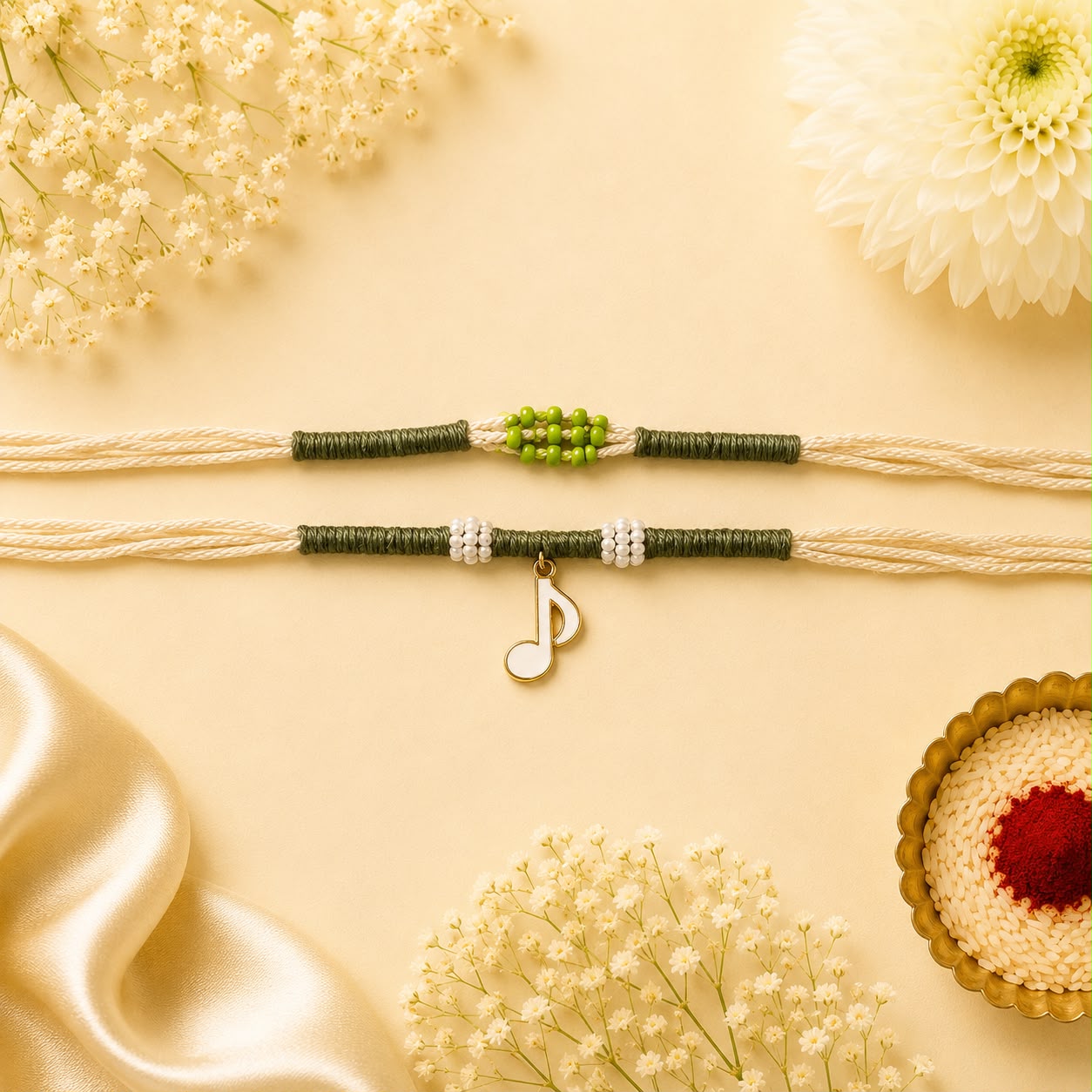 Olive Green Beaded & Music Note Rakhi Set
