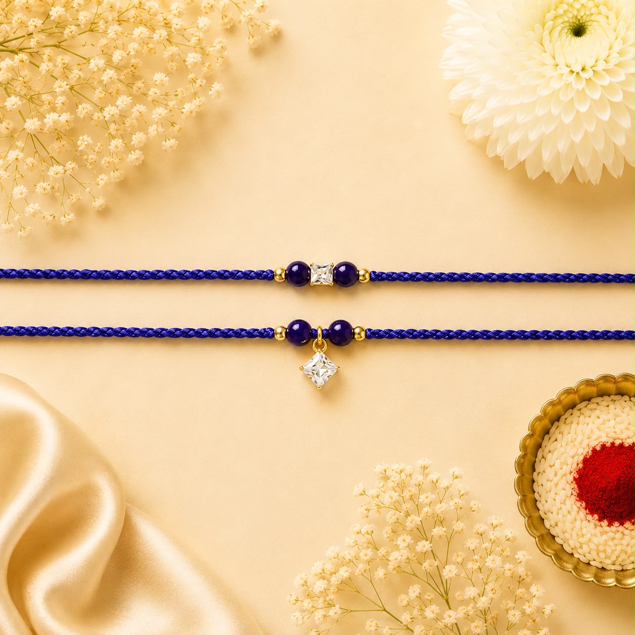 Royal Blue Crystal Couple Rakhi Set