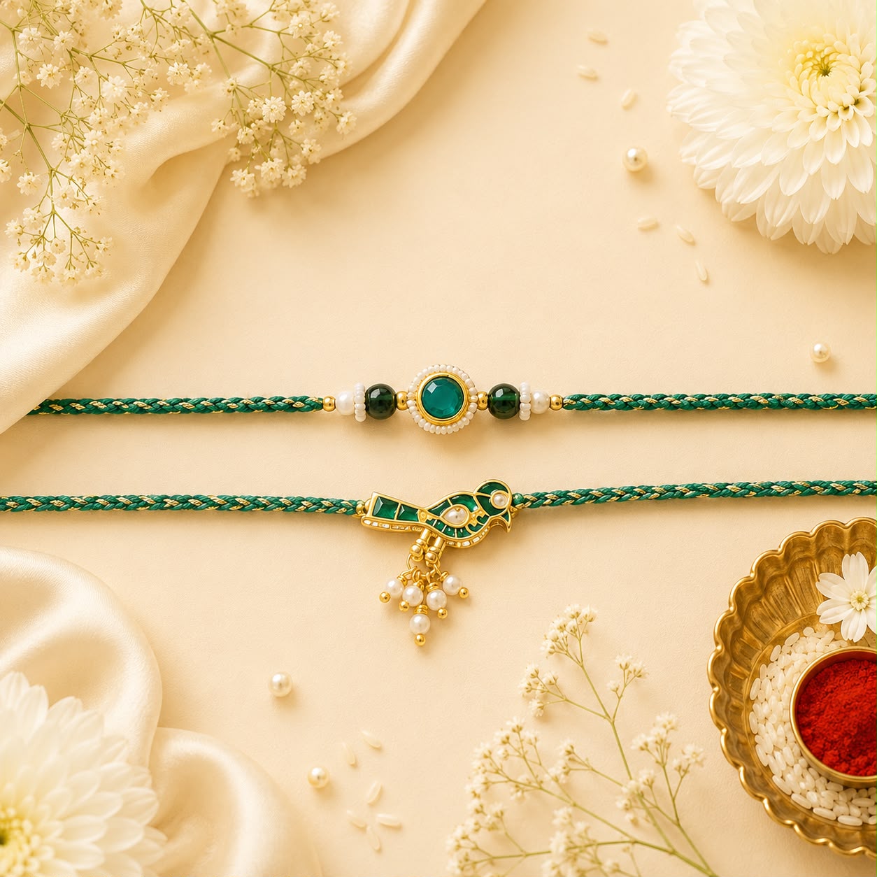 Emerald Bird Designer Couple Rakhi Set