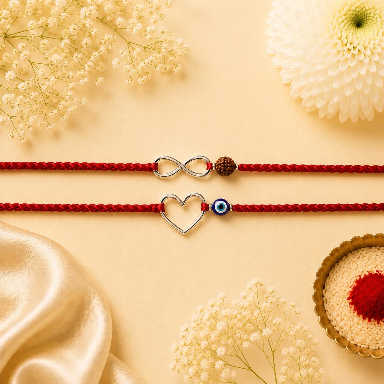 Infinity & Heart Rakhi Set – Red/Silver