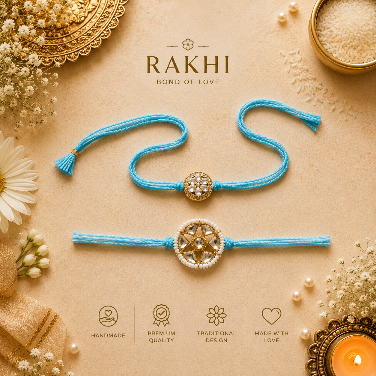 Blossom Kundan Couple Rakhi gallery