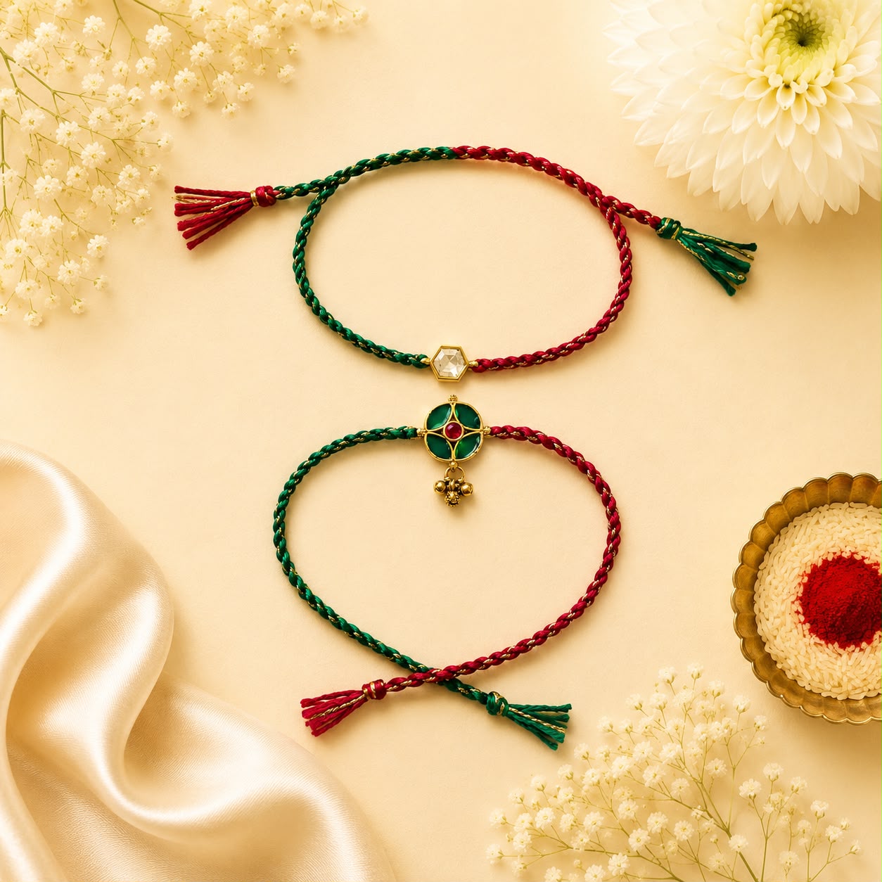 Dual Tone Crystal & Floral Rakhi Set