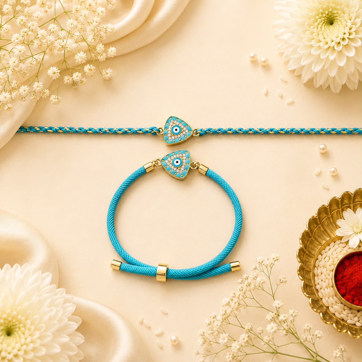 Blue Evil Eye Triangle Rakhi & Bracelet Set