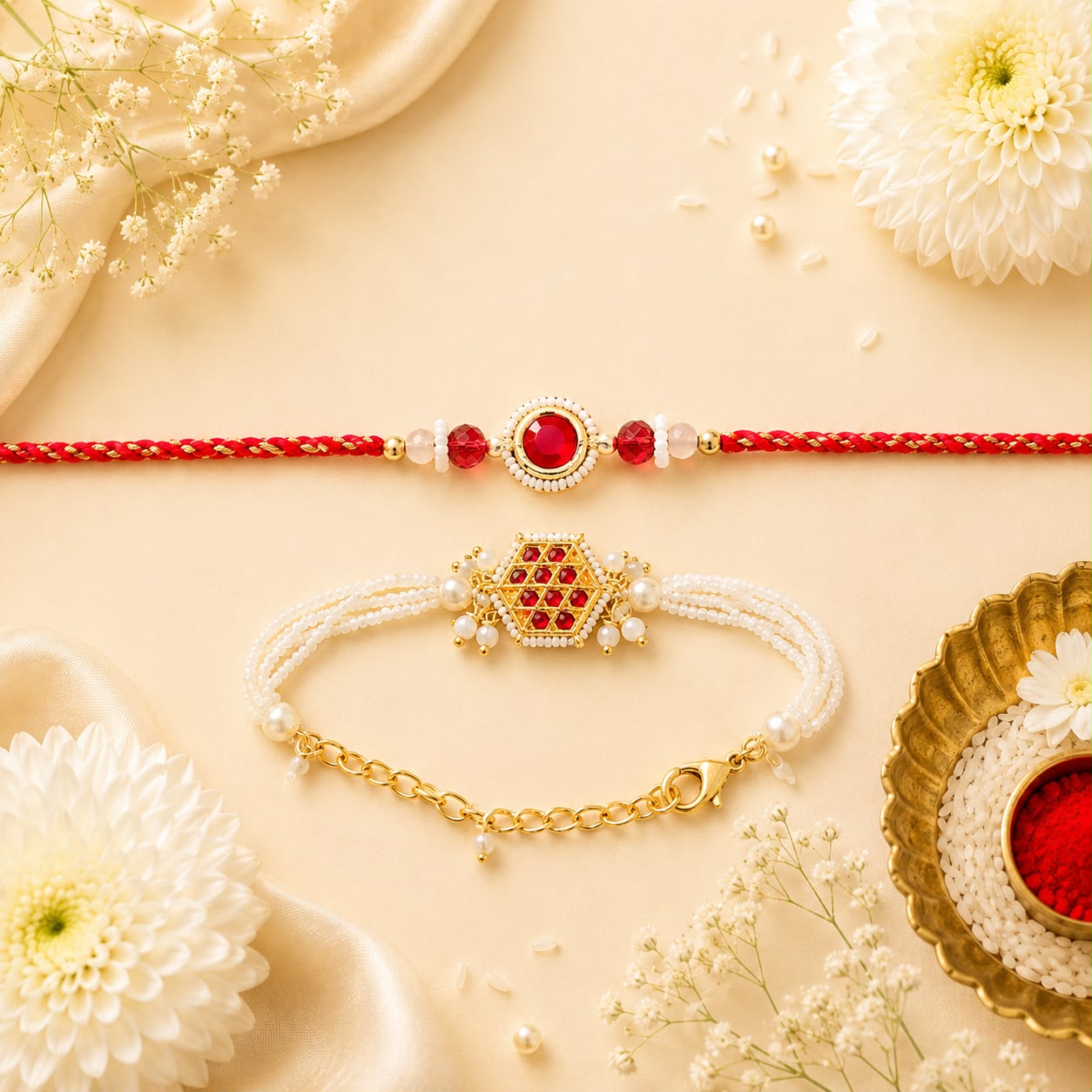 Red Stone Rakhi & Pearl Bracelet Set