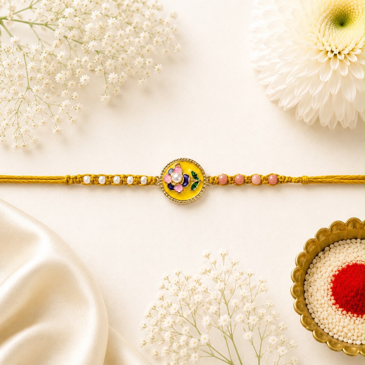 Bloom Pearl Floral Rakhi – Mustard Yellow