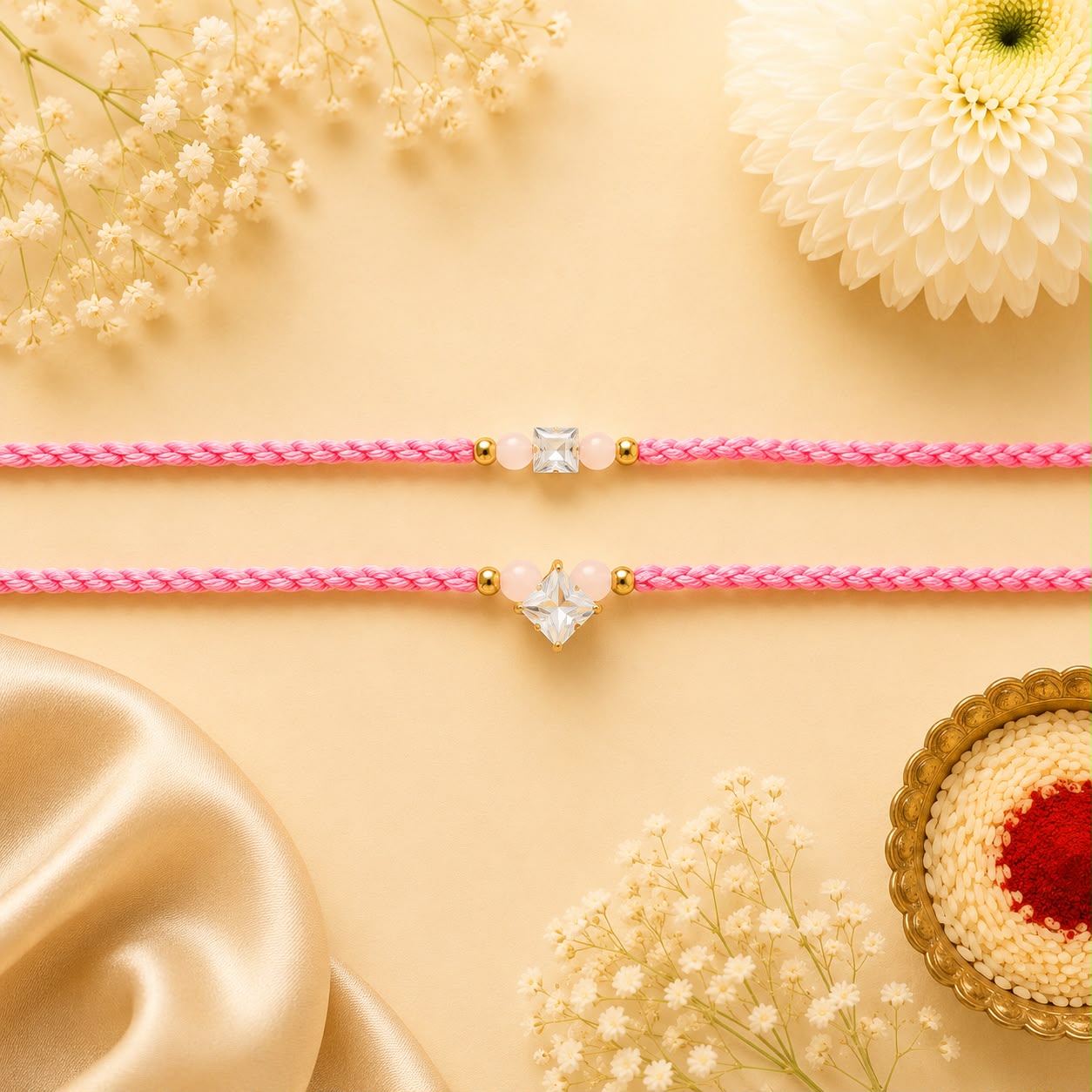 Twin Crystal Couple Rakhi Set – Pink