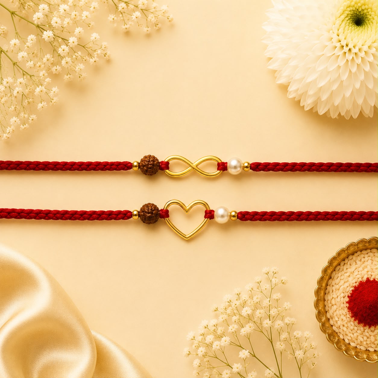 Infinity & Heart Rakhi Set – Red / Gold