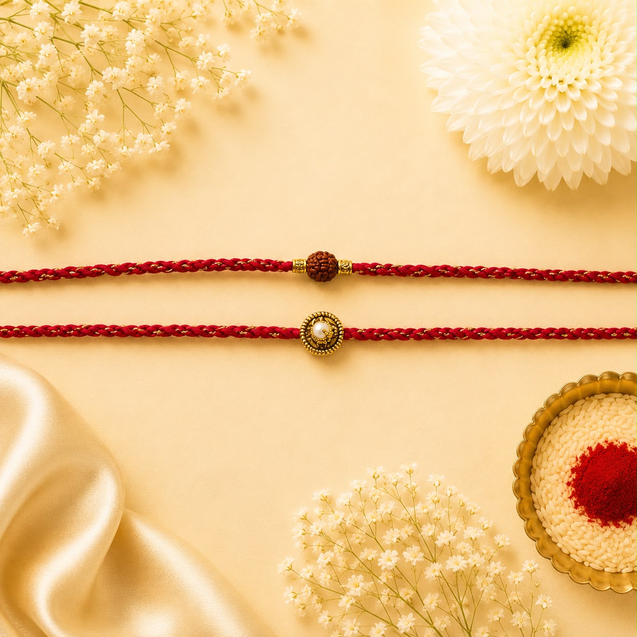 Rudraksha & Pearl Rakhi Set – Red