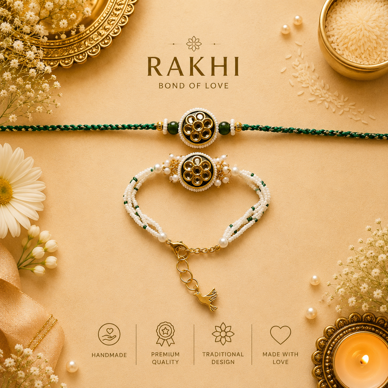 Floral Pearl Rakhi & Breclet