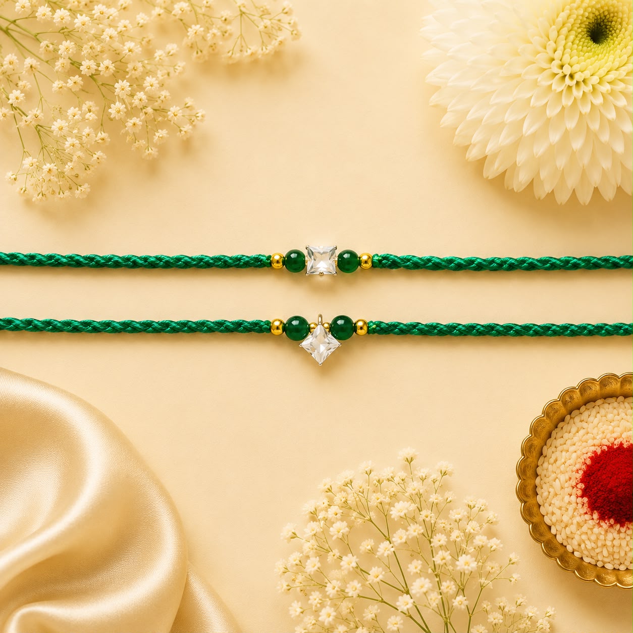 Crystal Elegance Rakhi Set – Emerald Green