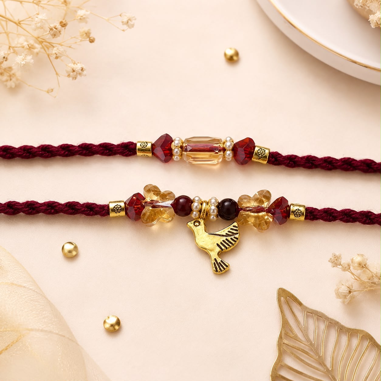 Golden Bird Couple Rakhi Set